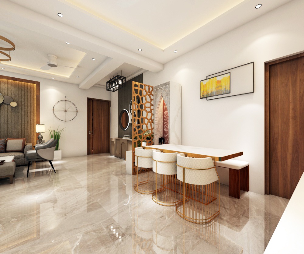 Apex Athena — Dining area with gold-accented chairs and designer partition